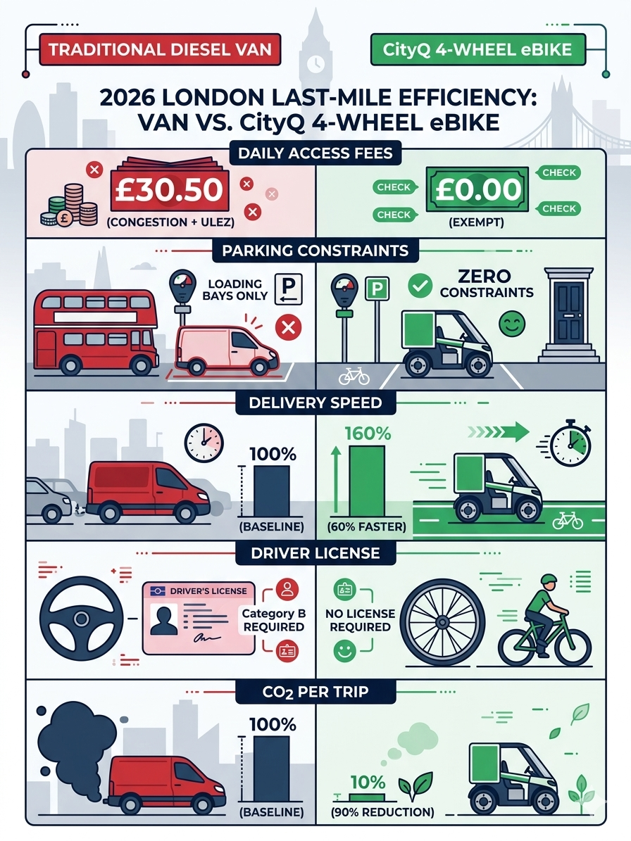 2026 London Last-mile efficiency: Van Vs. CityQ 4 wheel cargo ebike