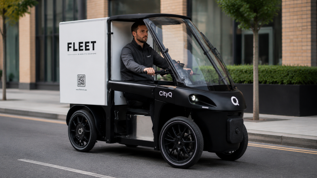 Cargo eBike tax-deductible business asset being ridden on a city street.